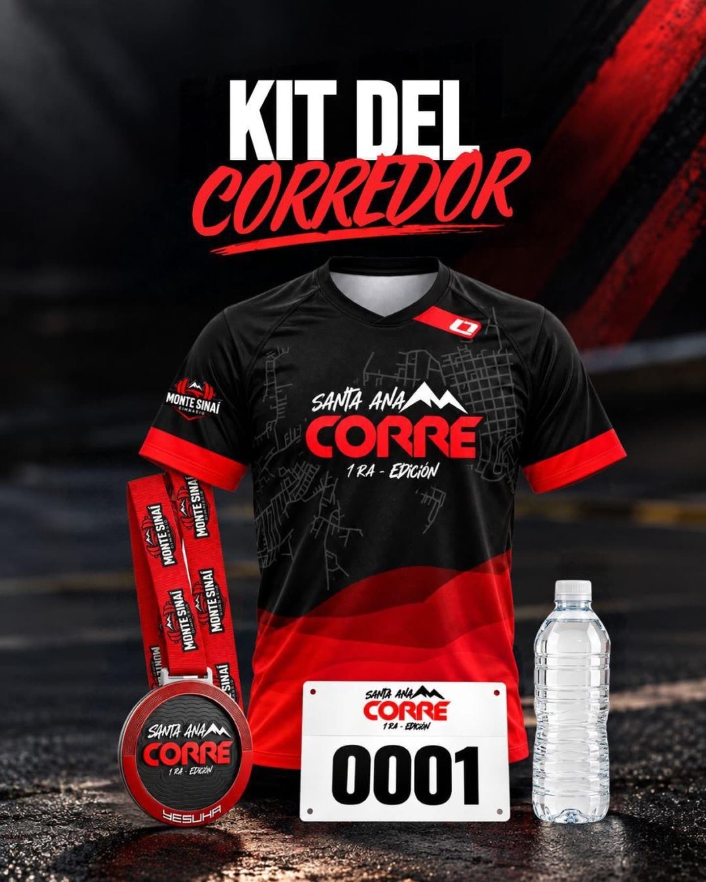 Kit con franela, dorsal, medalla e hidratación